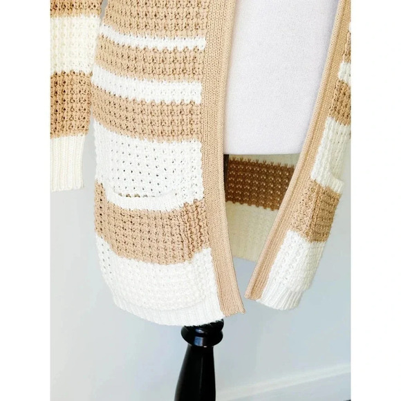 Striped Long Cardigan with Pockets Tan and Cream Size S - Picture 5 of 7